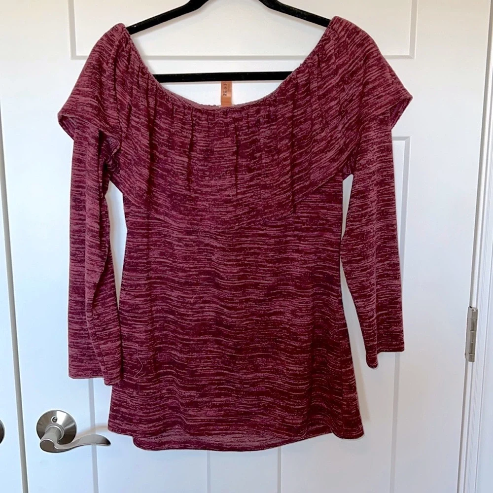 Burgundy Ruffle Off-Shoulder Sweater - Picture 2 of 3